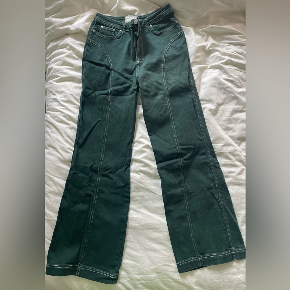 Free People green denim high-waisted flare jeans